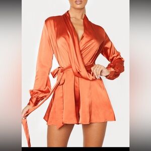 PrettyLittle Thing Rust Satin Drape Detail Long Sleeve Romper